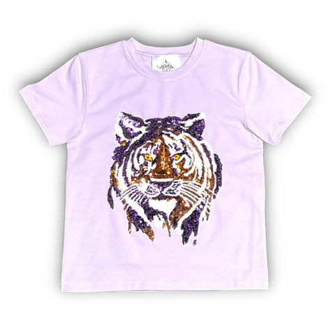 Belle Cher Lavender Tiger Face Sequin Shirt