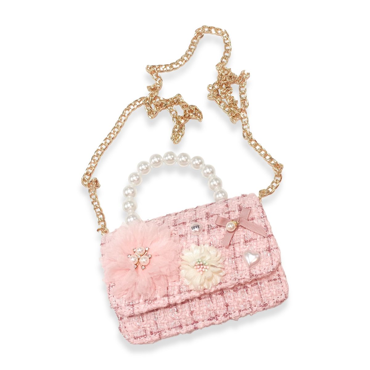 Doe a Dear - Floral Appliques Tweed Purse - Pink