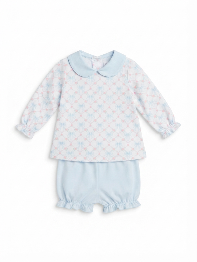 Baby Loren - Girl's Blue & Pink Coquettes Pima Scalp Collar Bloomer Set