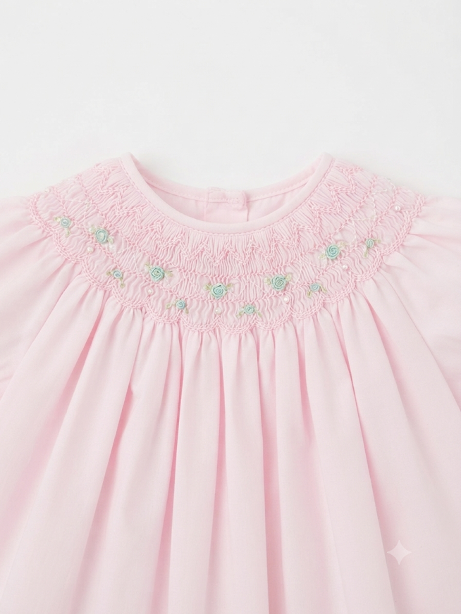 Petit Ami - Light Pink With Floral And Perl Smocking Daydress And Bloomers