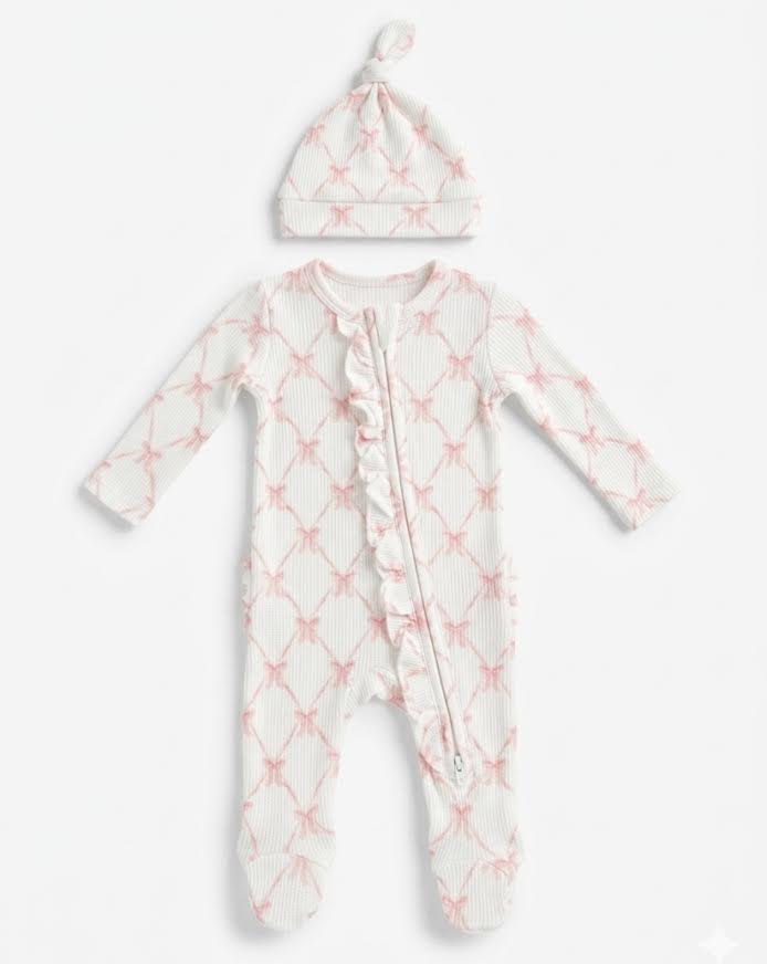 Angel Dear - Ribbon Bow Trellis Zipper Footie With Hat