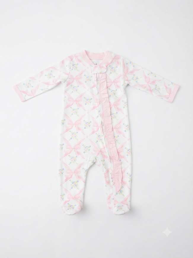 Baby Loren - Baby Pink Bows Pima Zipper Footie