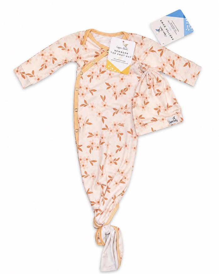 Copper Pearl - Peach Floral Print Knot Gown & Hat