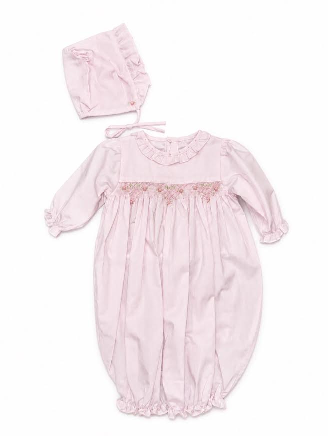Petit Ami - Pink Flower Smocking Converter Gown With Bonnet