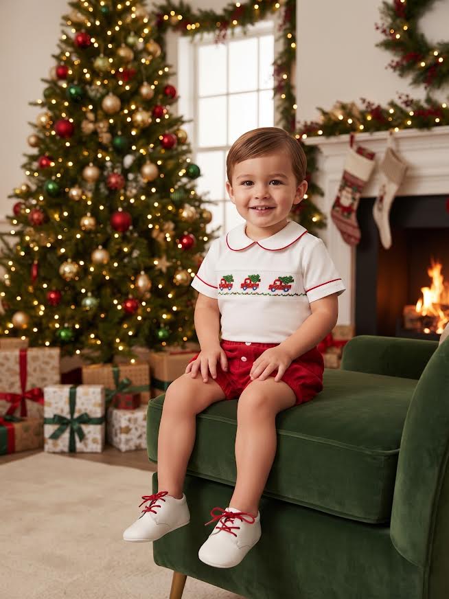 Anavini - White Emb. Christmas Tree Corduroy Boy's Diaper Set