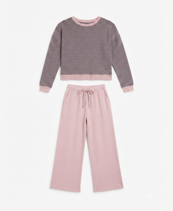 T2LOVE - Striped Crew Neck And Flair Pants