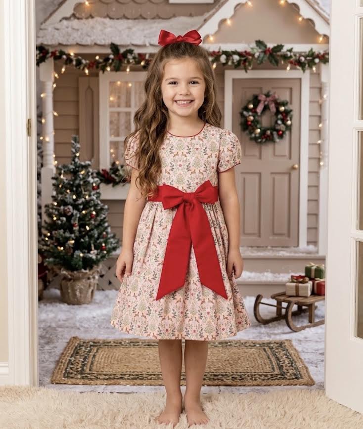 Claire & Charlie - Reindeer Dress With Red Sash & Bow