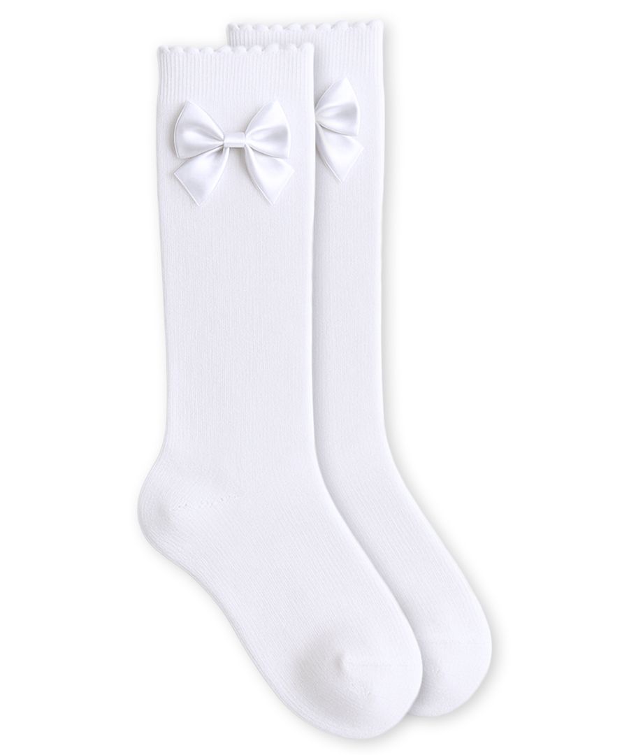 Jefferies Socks - White Statin Bow Scalloped Top Cotton Knee High
