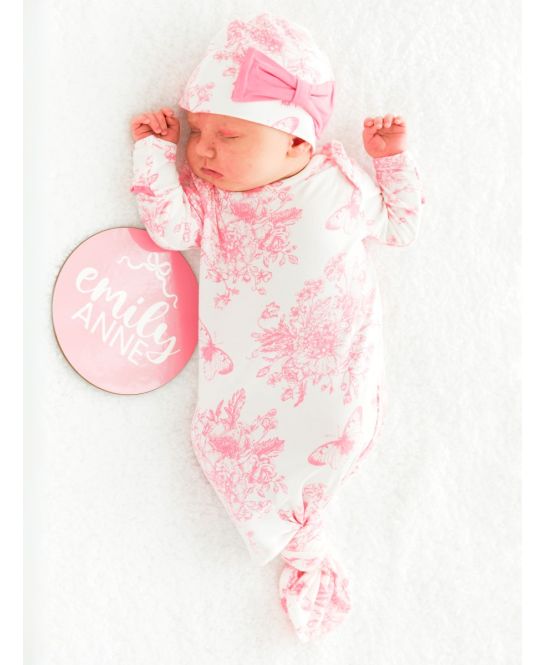 Ruffle Butts - Bubblegum Pink Butterfly Toile Ruffle Knotted Sleep Gown & Hat Set