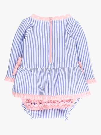 Ruffle Butts - Periwinkle Blue Seersucker Long Sleeve One Piece
