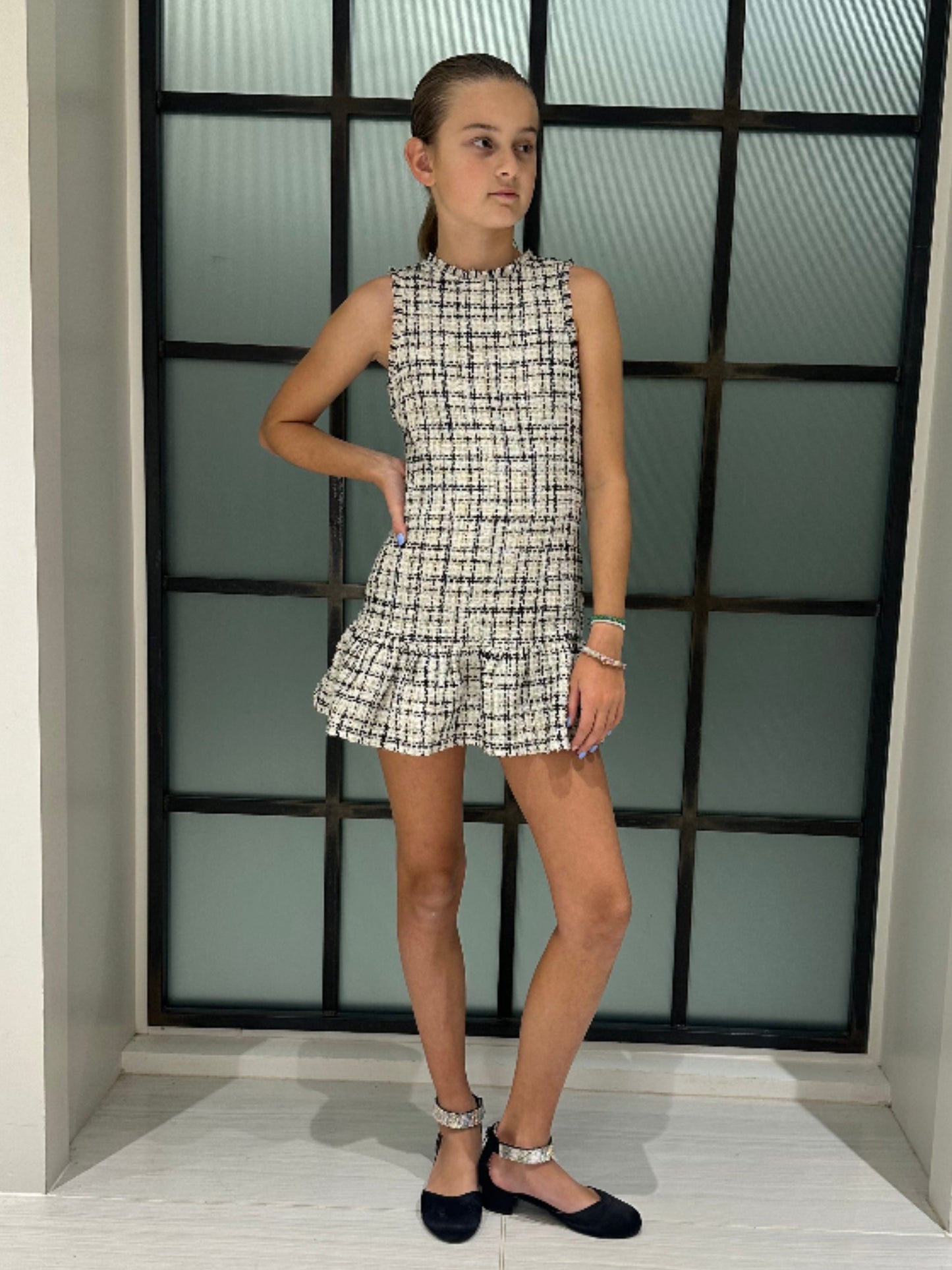 Little Olin - AW Black, White and Gold Tweed Ruffle Dress