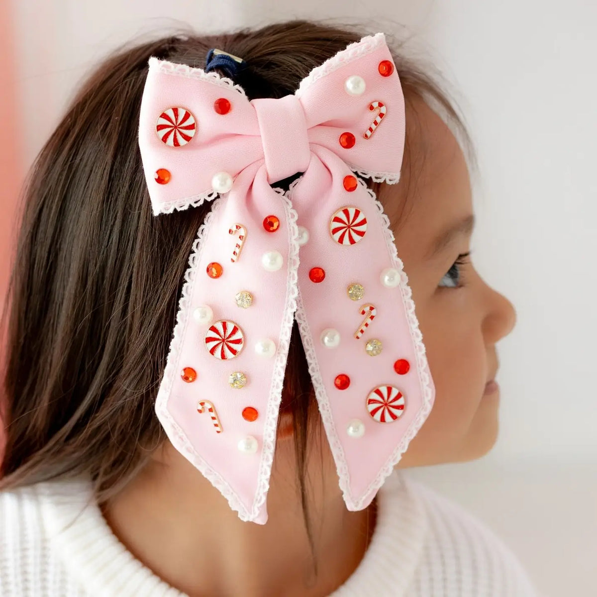 Sweet Wink - Candy Cane Christmas Gemstone Bow Clip