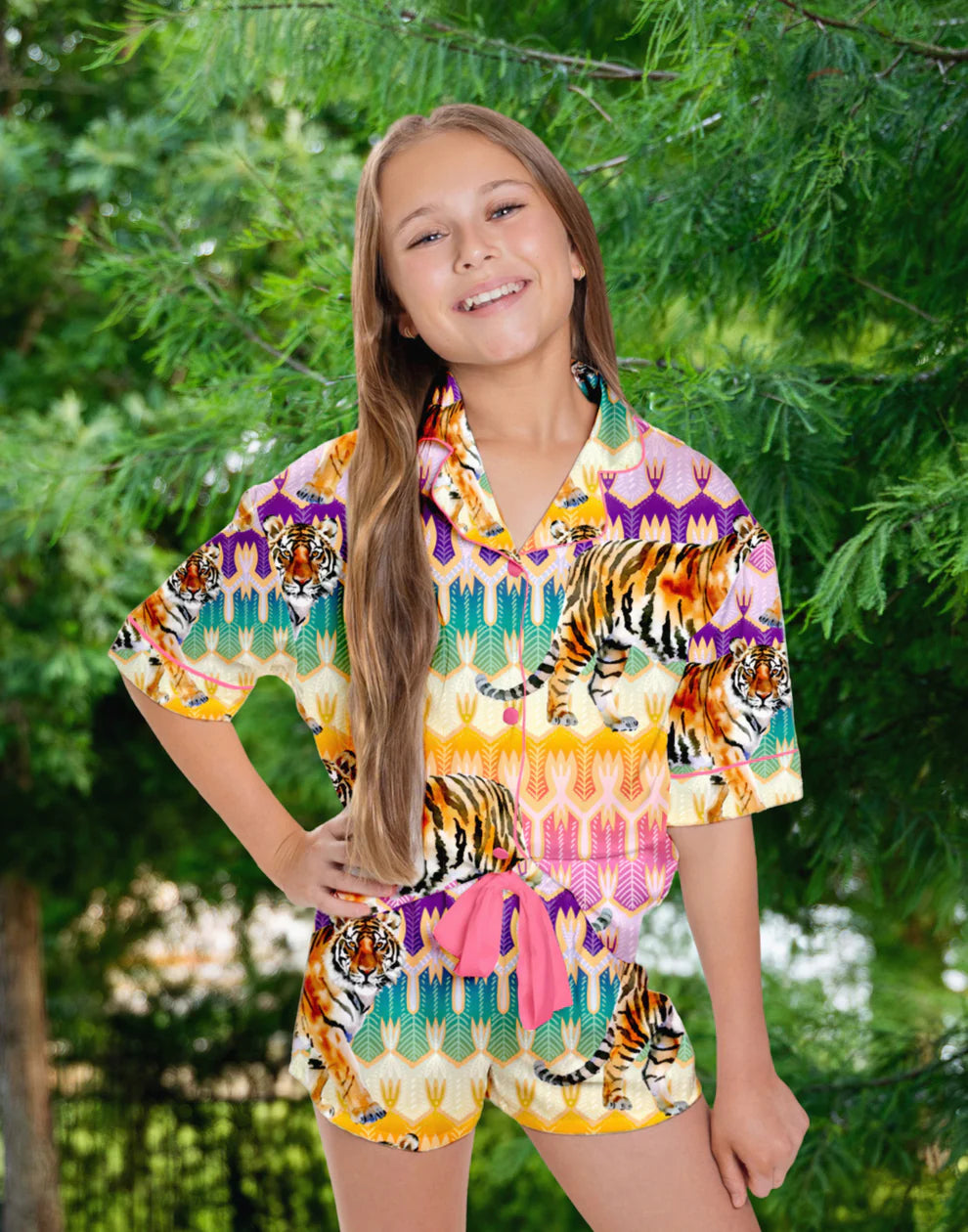 Sunshine Society - Kids Silky Tiger Royale Short Sleeve Short Set