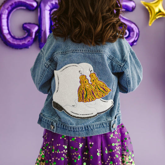 Sweet Wink - Mardi Gras Boot Sequin Patch Denim Jacket
