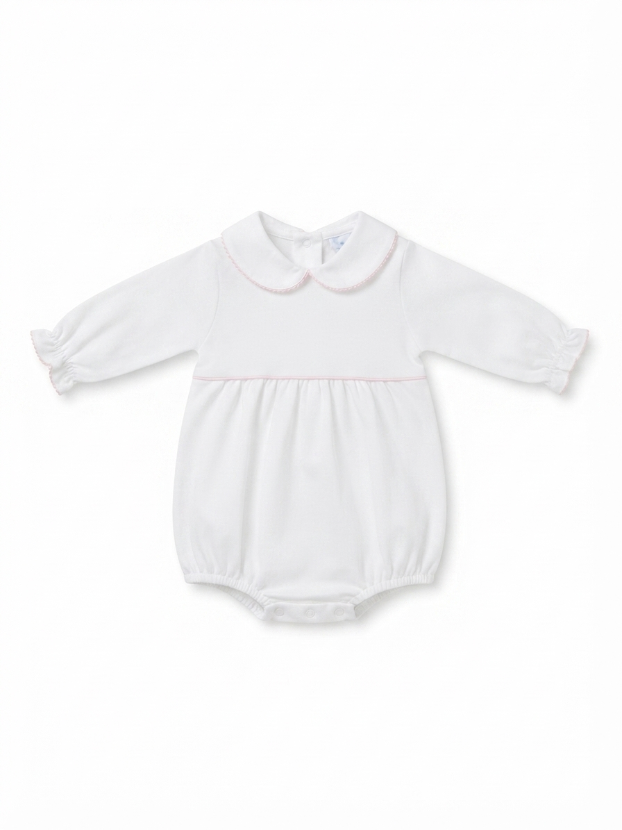 Baby Loren - Baby White Pink Piping Pima Bubble Long Sleeve