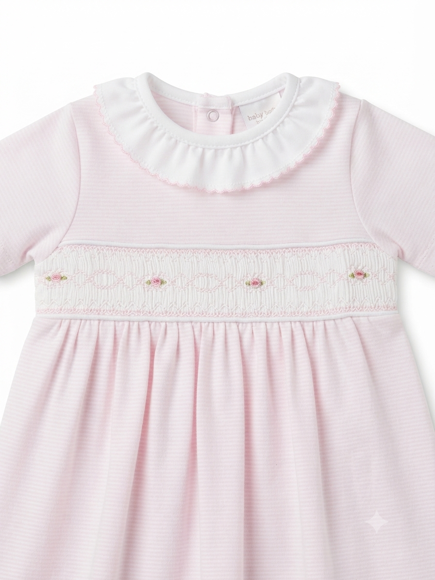 Baby Loren - Baby Pink Stripes Smocked Pima Gown