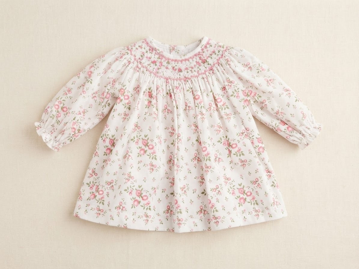 Petit Ami - White Dress with Pink Roses, Smocked Collar & Bloomers