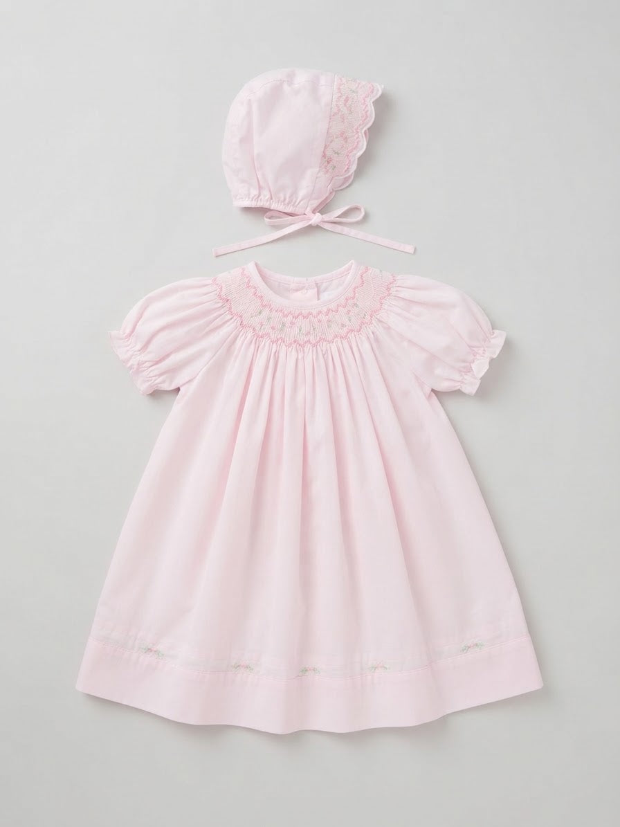 Petit Ami - Light Pink Floral Smocked Dress w/Bonnet