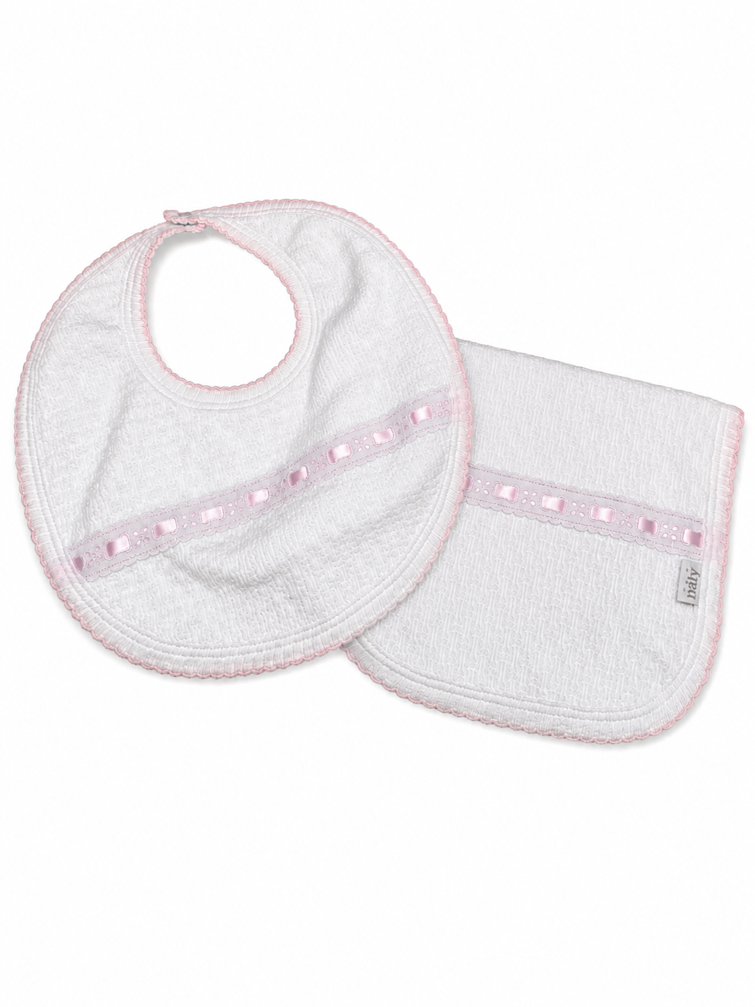 Paty - Pink Eyelet Trim Burp And Bib