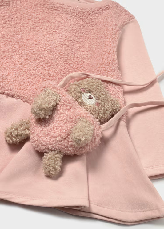 Mayoral - Blush Pink Mixed Fabric Dress With Teddy Bear Bag