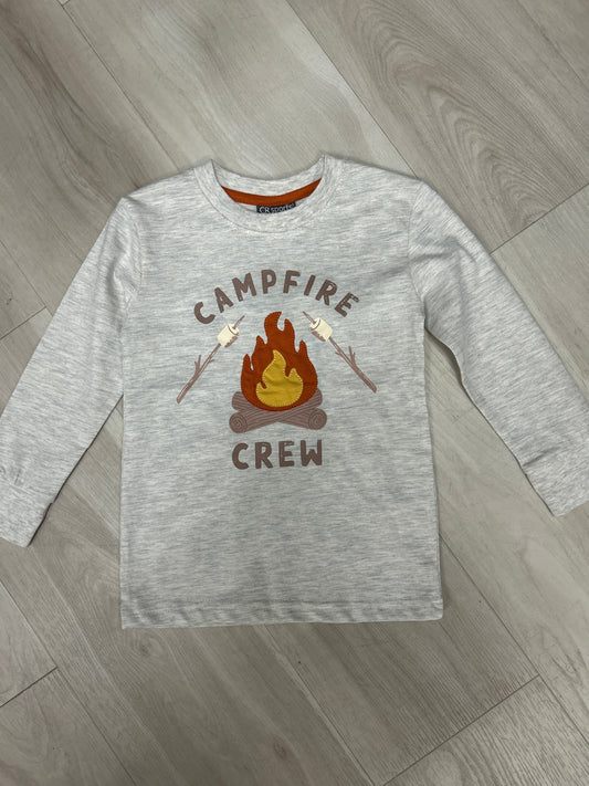 Gray long-sleeve shirt with 'Campfire Crew' graphic