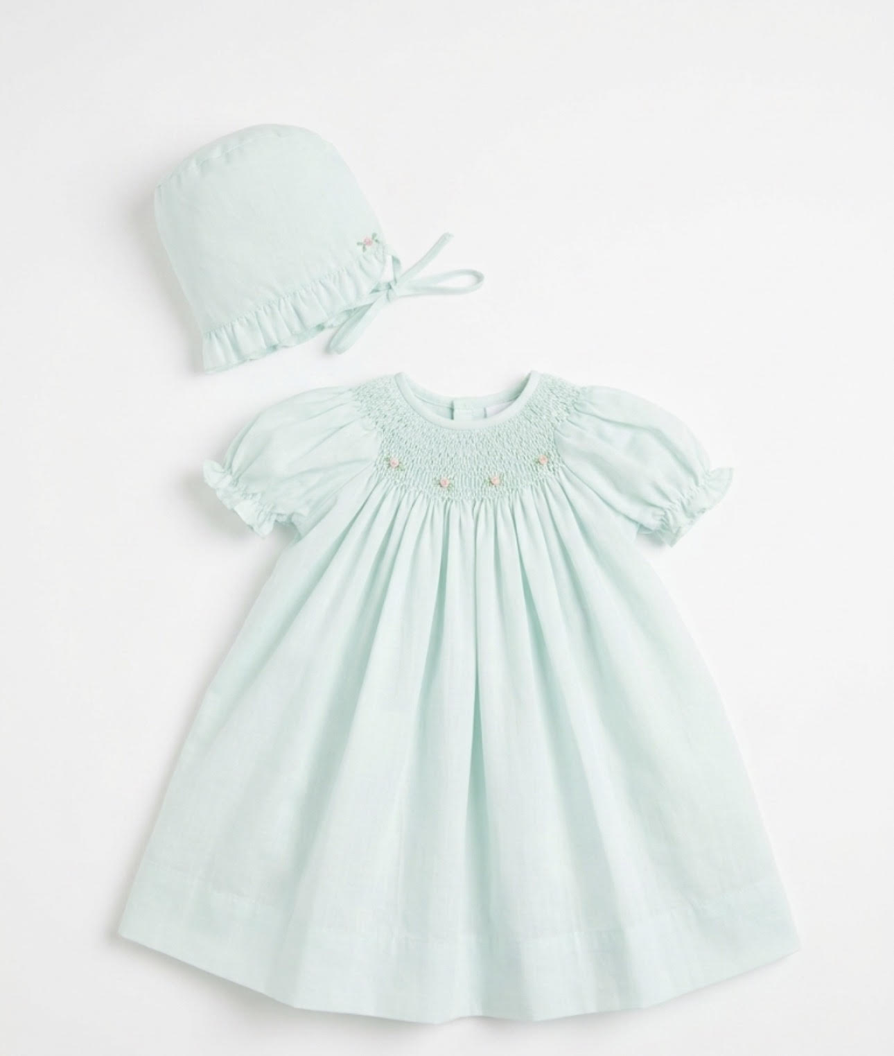 Petit Ami - Mint Blue Smocked Pink Roses Gown With Bonnet