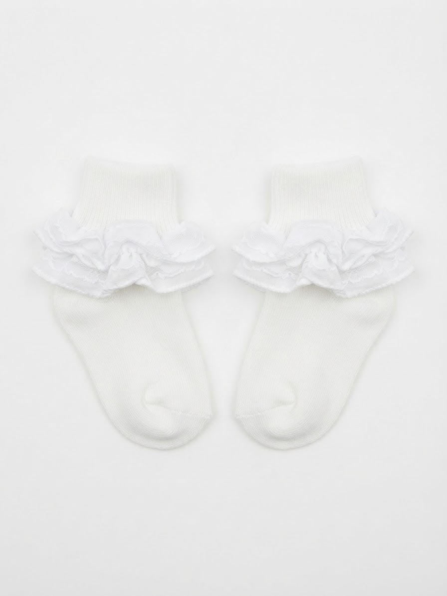 Jefferies Socks - White Misty Ruffle Lace Turn Cuff Socks