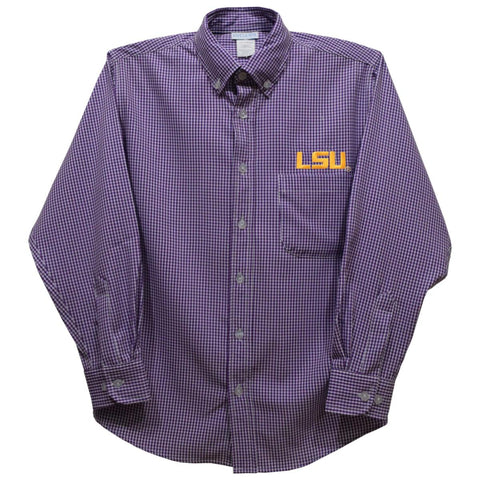 LSU Tigers Embroidered Purple Gingham Long Sleeve Button Down Shirt