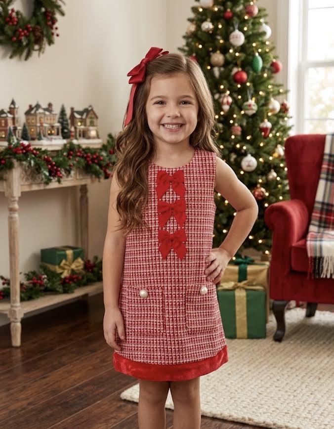 RuffleButts - Red Shimmer Tweed Sleeveless Pocket Bow Fur Trim Dress