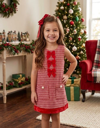 RuffleButts - Red Shimmer Tweed Sleeveless Pocket Bow Fur Trim Dress