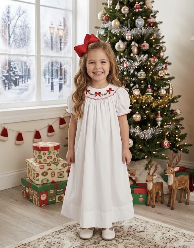 Petit Bebe - Red Bows White Poplin Bishop Dress