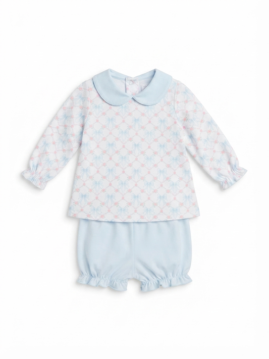 Baby Loren - Girl's Blue & Pink Coquettes Pima Scalp Collar Bloomer Set