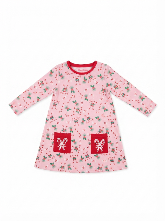 RuffleButts - Holly Candy Cane Knit Long Sleeve Pocket Dress
