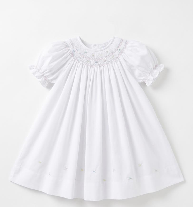 Petit Ami - White Smocked Pastel Rose Buds Neckline Gown