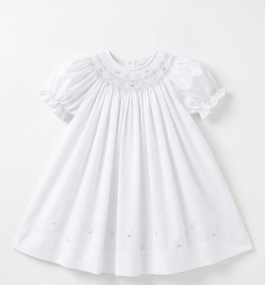 Petit Ami - White Smocked Pastel Rose Buds Neckline Gown