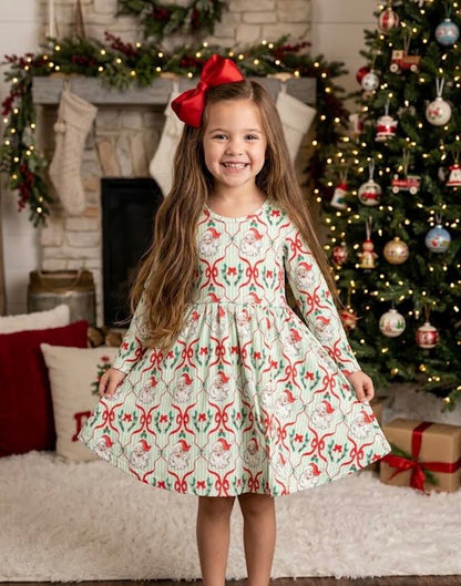 RuffleButts - Green Stripe Dear Santa Knit Long Sleeve Twirl Dress
