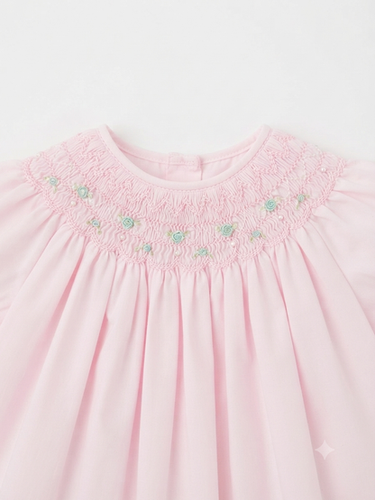 Petit Ami - Light Pink With Floral And Perl Smocking Daydress And Bloomers