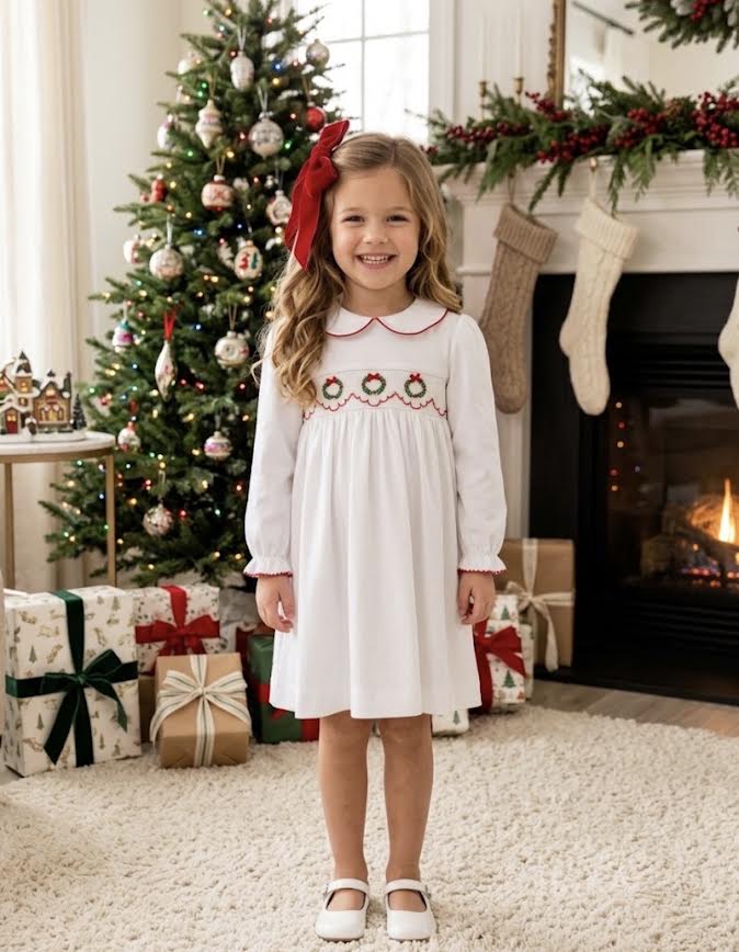 Petit Bebe - White Knit L/S Wreath Dress