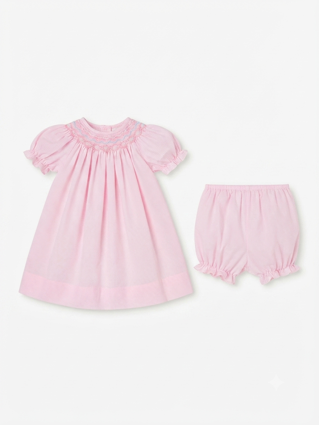 Petit Ami - Gingham Pink Smocked Daydress With Bloomers
