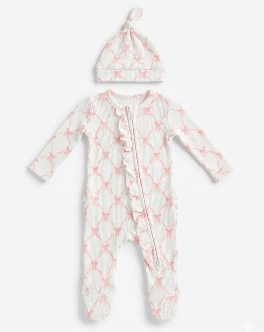 Angel Dear - Ribbon Bow Trellis Zipper Footie With Hat