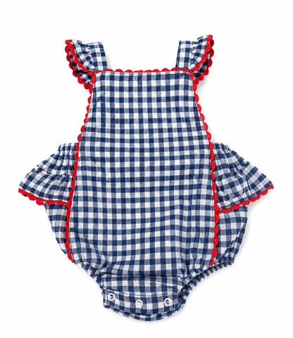 Angel Dear - Navy Gingham Ric Rac Sunsuit