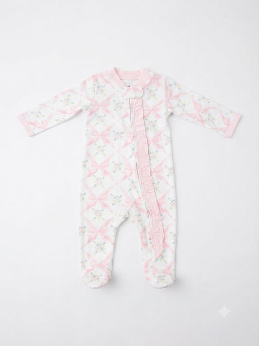 Baby Loren - Baby Pink Bows Pima Zipper Footie