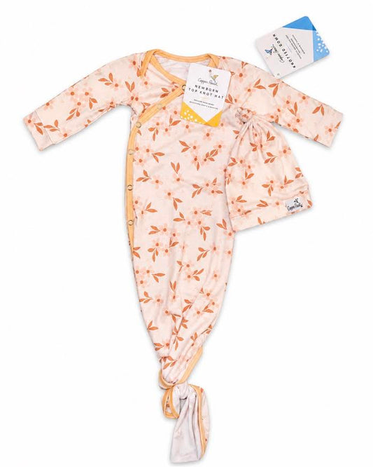 Copper Pearl - Peach Floral Print Knot Gown & Hat