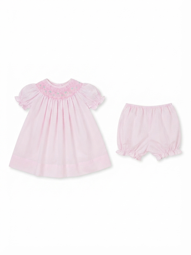 Petit Ami - Light Pink With Floral And Perl Smocking Daydress And Bloomers