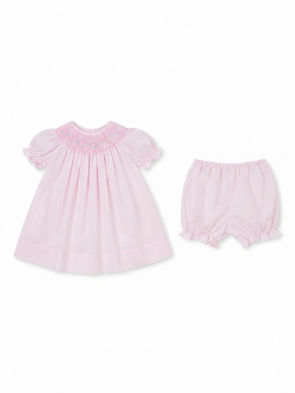Petit Ami - Light Pink With Floral And Perl Smocking Daydress And Bloomers