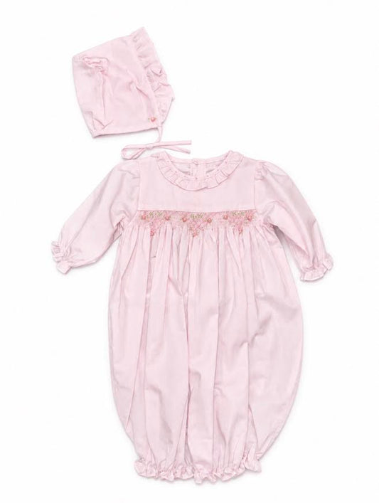 Petit Ami - Pink Flower Smocking Converter Gown With Bonnet