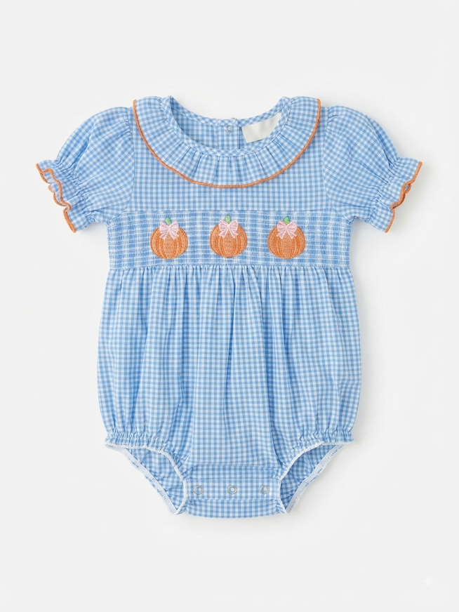 Faire - Blue Gingham Smocked Pumpkin Ruffle Bubble