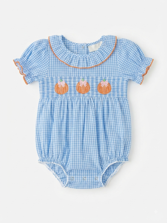 Faire - Blue Gingham Smocked Pumpkin Ruffle Bubble