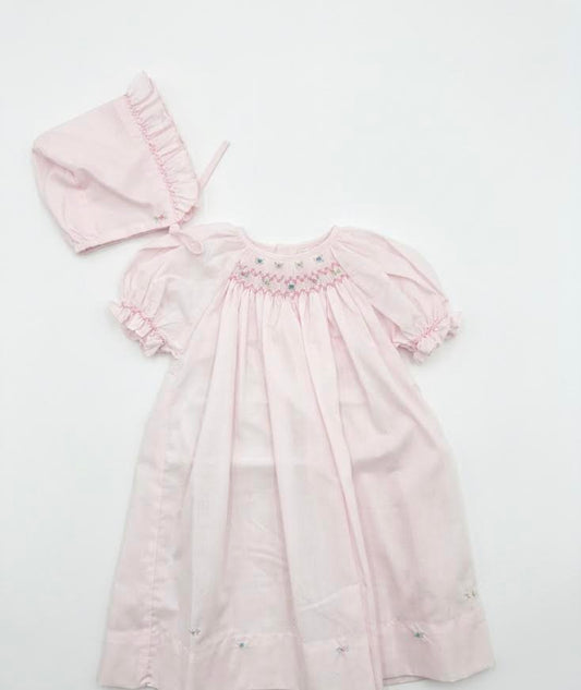 Petit Ami - Light Pink Smocked Pastel Rose Bud Gown With Bonnet