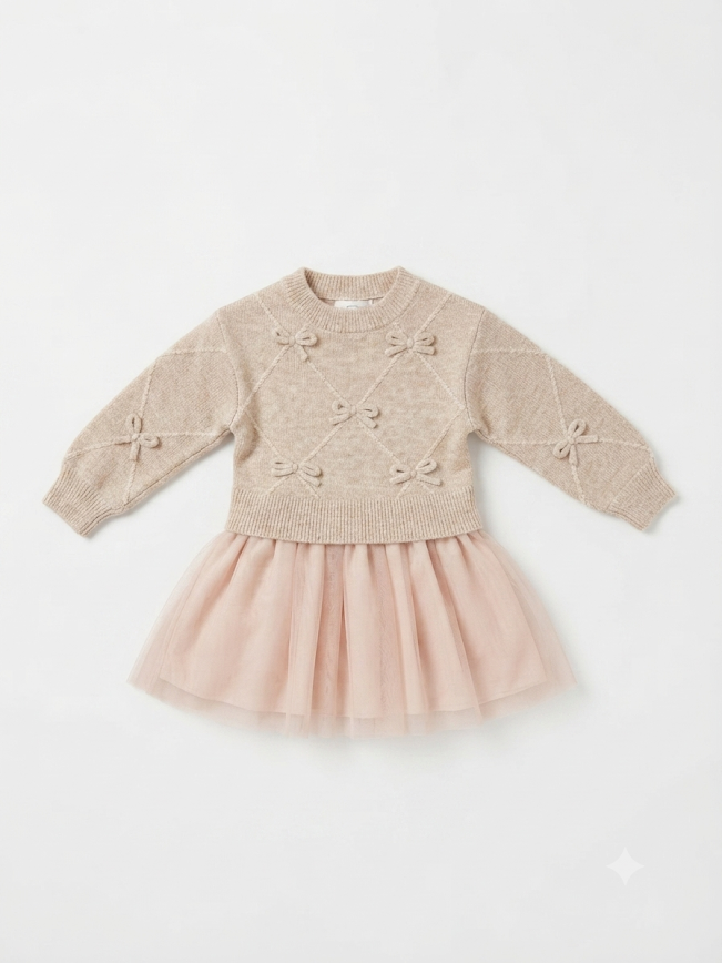 Mayoral - Beige Knit Dress w/Bows